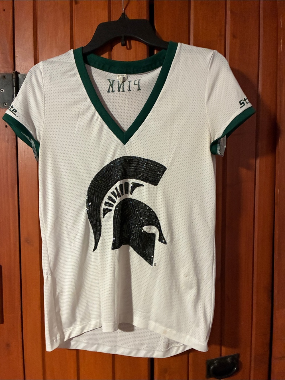 PINK Victoria's Secret White & Green V-Neck Spartans Sequin Logo Jersey Top. B1